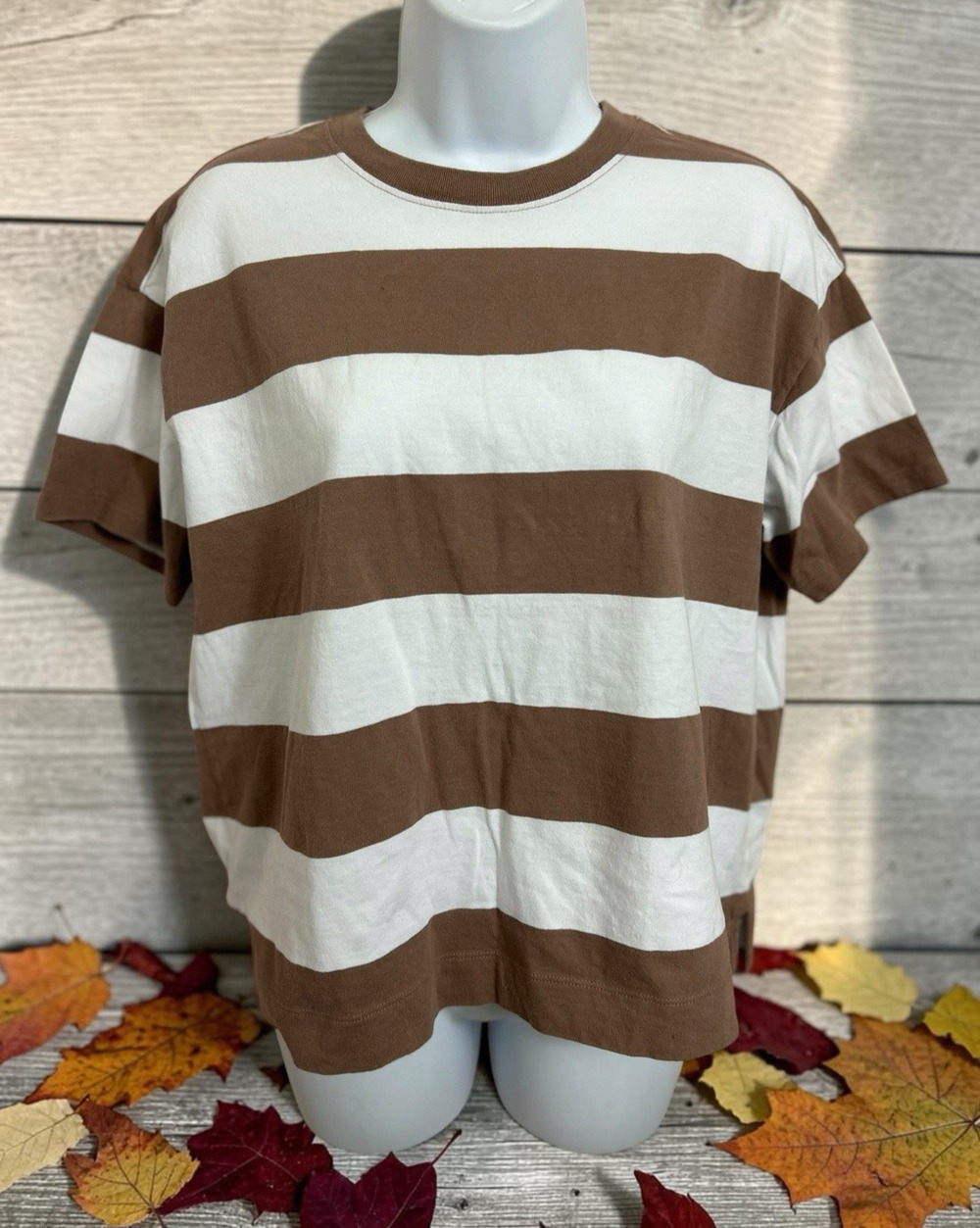 Women's Old Navy Boxy Tee Sz Small Striped Brown Short Sleeve Shirt Cotton Top